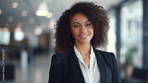 portrait of a black successful business woman smiling in a dark suit in the office
