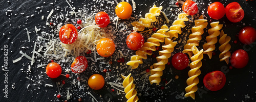 Juxtaposition of colorful fusilli pasta, cherry tomatoes, and Parmesan shavings on a pristine black backdrop. Top view space to copy.