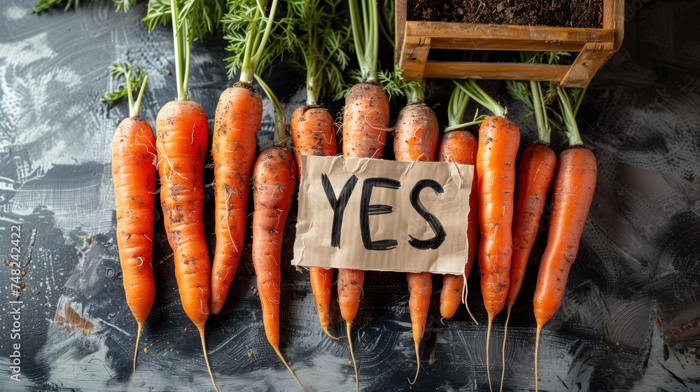 Yes carrots! Carrots with a yes sign! Text YES and carrots. The text on the YES sign. The carrot says YES to you. Say YES to the carrot and you will be happy. And stop talking to the carrot. - obrazy, fototapety, plakaty 