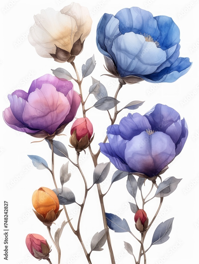 Cotton Plant Flower Illustration - Hand Drawn Watercolor Generative AI
