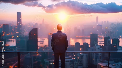  businessman overlooking a city at sunrise photo