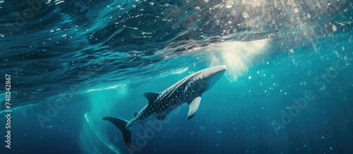 A massive whale shark gracefully swims beneath the surface of the clear blue waters  showcasing its impressive size and streamlined body as it navigates the depths.