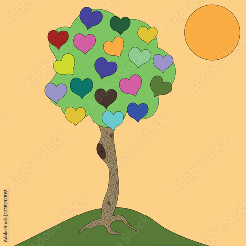 A single tree stands on a hill. Fruits in the shape of hearts of different colors are drawn on the plant.