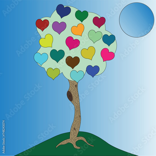 A single tree stands on a hill. Fruits in the shape of hearts of different colors are drawn on the plant.