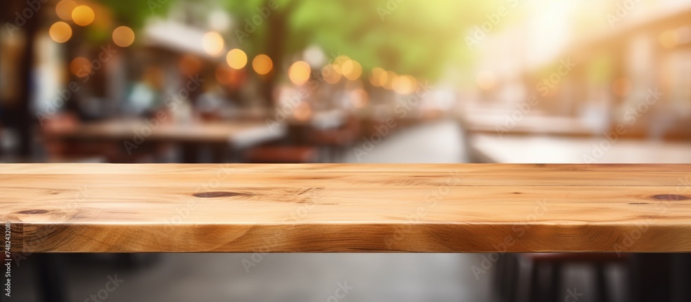 A wooden table top is shown in sharp focus in the foreground, with a blurred background that appears to be a bustling coffee shop or cafe restaurant. The table is empty,