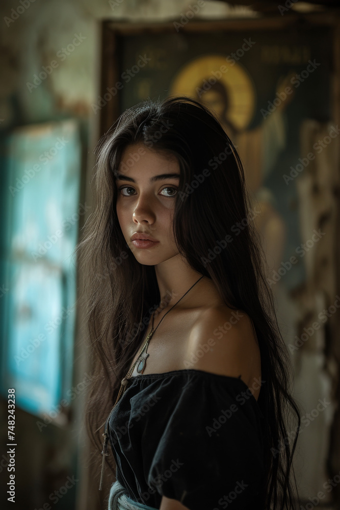 Fototapeta premium Spiritual Solitude: Young Woman in Old Church