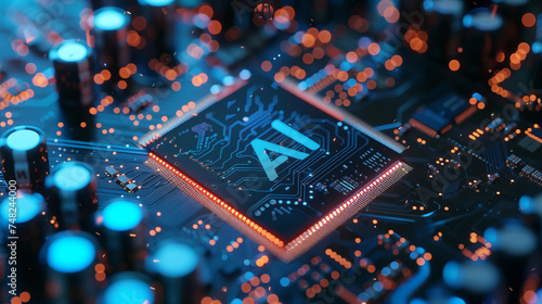 Microchip with AI written on it, on circuit board, symbolizing artificial intelligence 