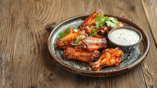A plate of hot wings on a wooden table. Room for copy.