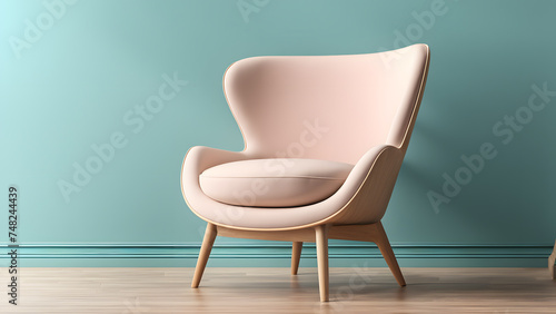 Modern 3D Accent Chair on Wooden Floor. Versatile Copy Space for Customization. Suitable for Advertisement, Poster