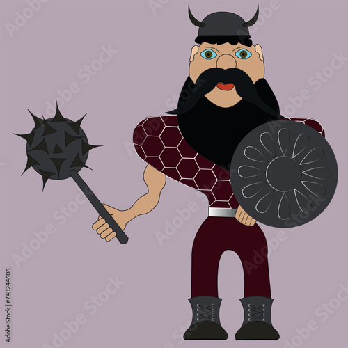 Armed Viking. A soldier with a beard and mustache holds a shield and a mace in his hands. The warrior is dressed in armor, chain mail, armor and a helmet with horns.