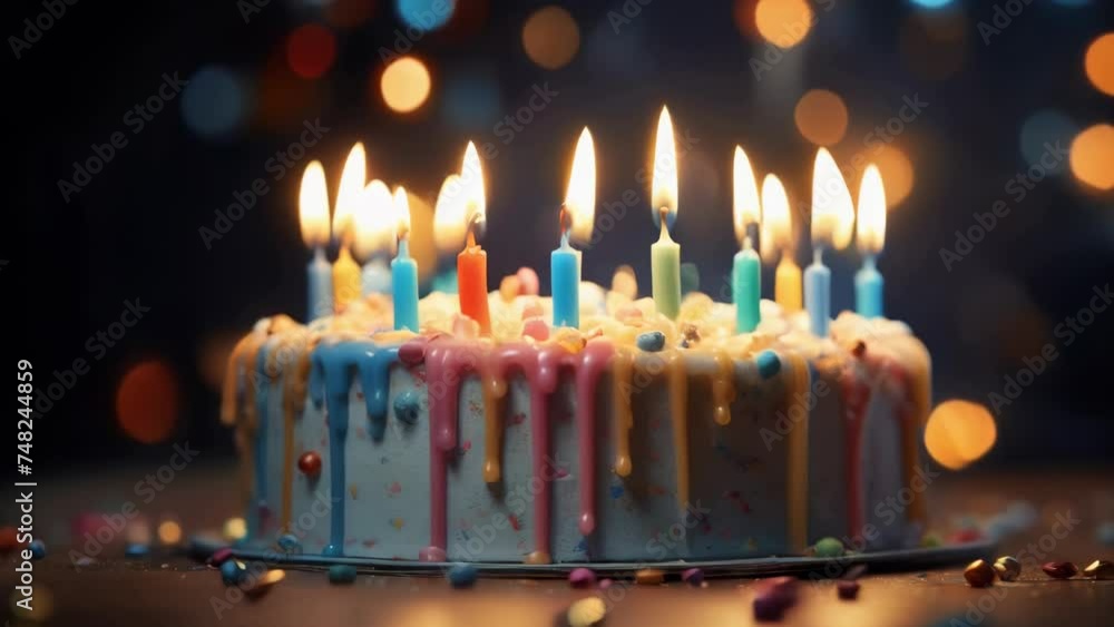 A birthday cake with lit candles on a table. Perfect for celebrations and special occasions. A birthday cake with lit candles on a table. Perfect for celebrations and special occasions.