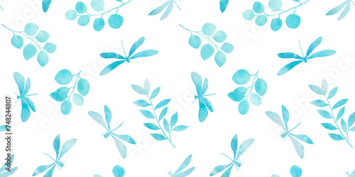 watercolor elegant drawing of dragonflies and branches with leaves on a white background  abstract seamless pattern in soft blue color  for the design of wallpaper  wrapping paper  greeting cards.