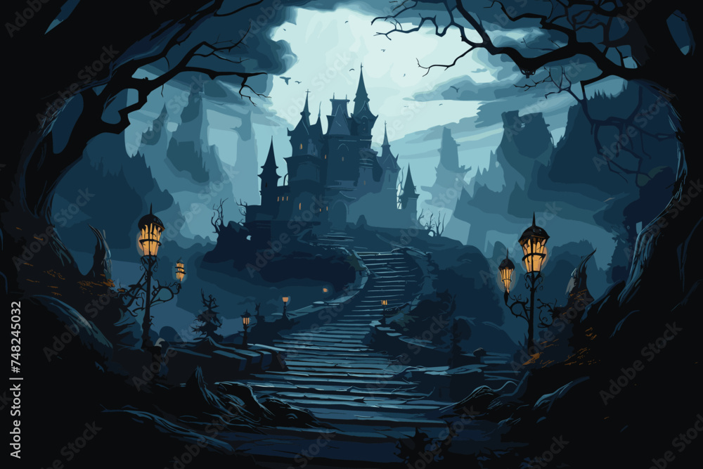 Halloweeen castle scenery with full moon in majestic night sky and highly detailed natural environment landscape.