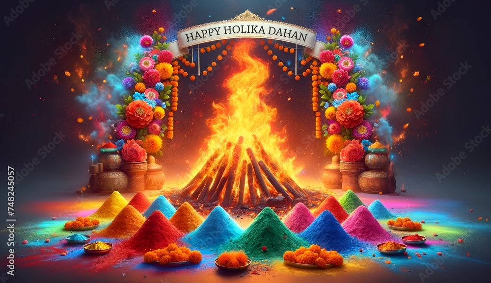 Obraz premium Holika dahan celebration background with a bonfire and colorful powders.