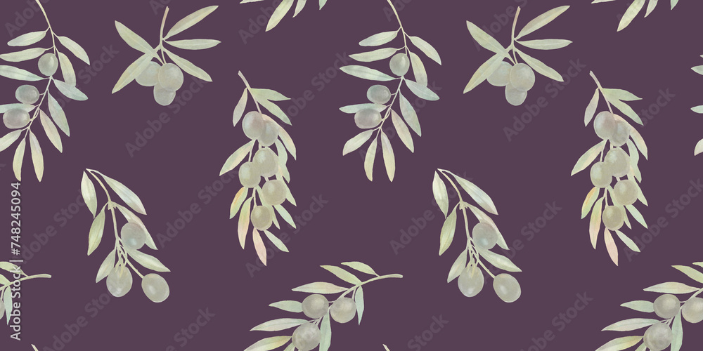 Seamless pattern, endless watercolor pattern, hand drawn. Olive branches, olives, juicy tree fruits. Fabric design, kitchen textiles, packaging, wrapping paper. Seamless pattern, endless watercolor pattern, hand drawn. Olive branches, olives, juicy tree fruits. Fabric design, kitchen textiles, packaging, wrapping paper.