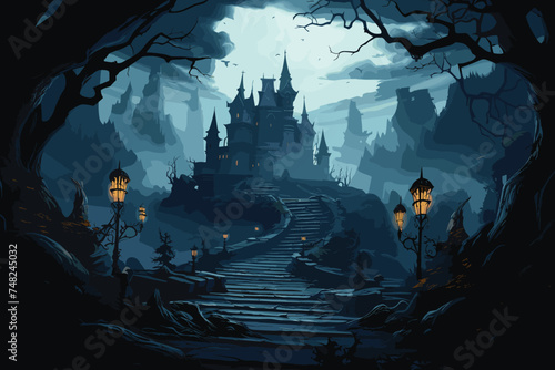 Halloweeen castle scenery with full moon in majestic night sky and highly detailed natural environment landscape. photo