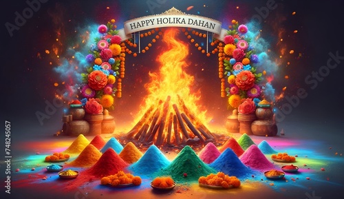 Holika dahan celebration background with a bonfire and colorful powders. © Milano