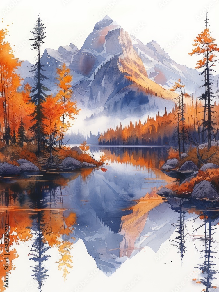 Autumn Serenity: A Watercolor Mountain Landscape Generative AI