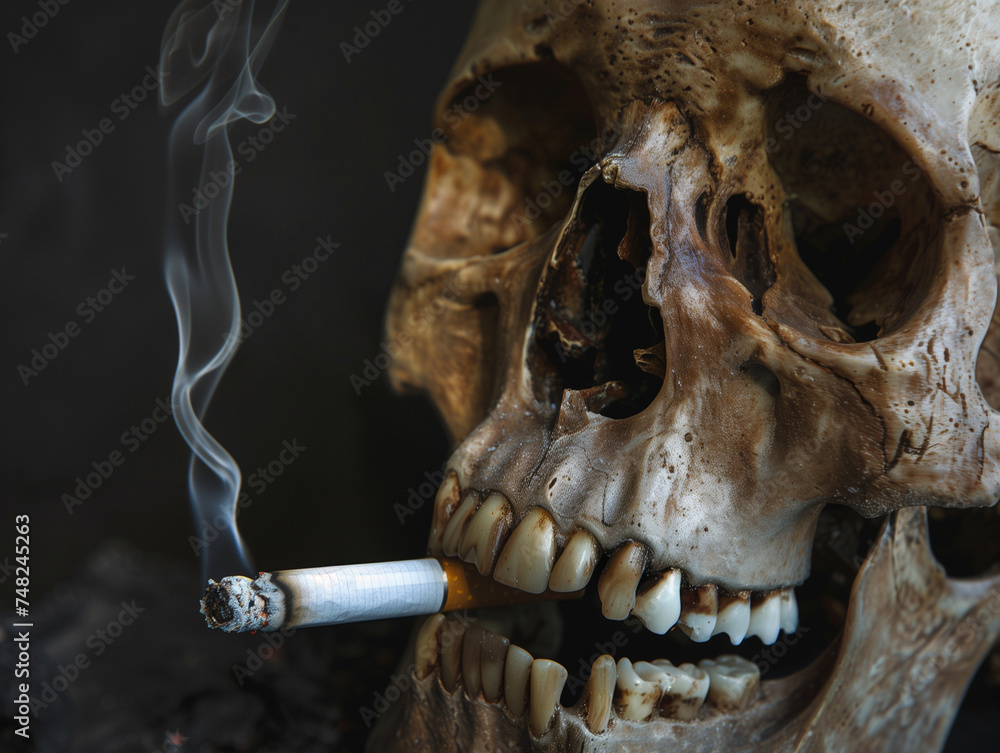 A human skull with a cigarette, smoking kills concept A human skull with a cigarette, smoking kills concept