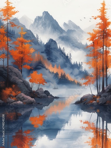 Autumn Serenity: A Watercolor Mountain Landscape Generative AI © Alex
