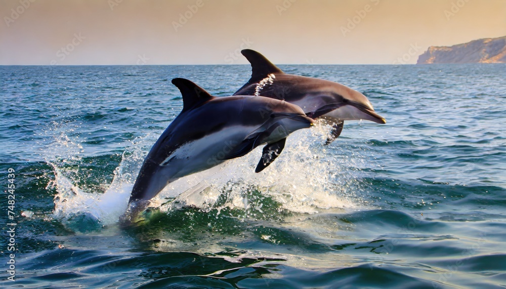 Obraz premium Playful dolphins jump out of the sea. Generated with AI