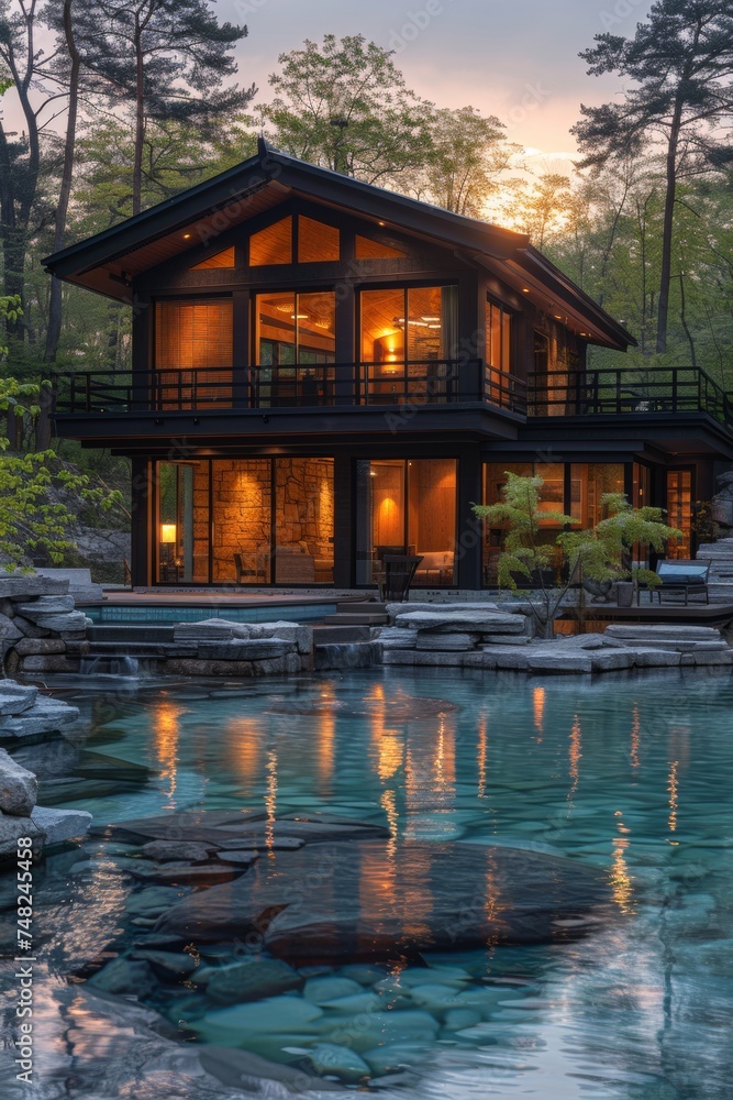 Fototapeta premium A tranquil lakefront house at sunset, radiating naturalistic charm