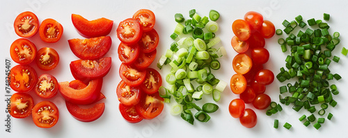 Sliced red bell peppers, cherry tomatoes, and chopped green onions laid out neatly on a pristine white backdrop. Top view space to copy.