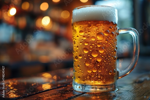 Pub ambiance. Frosted beer mug on wooden table with warm bokeh