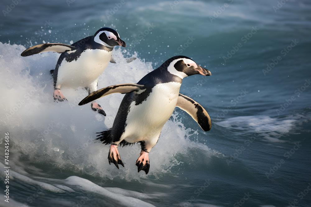 Fototapeta premium sweet couple of penguins gilding in water and enjoying a season 
