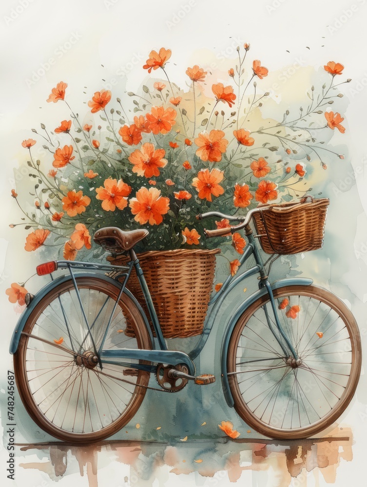 Vintage Bicycle with a Bouquet of Flowers Generative AI