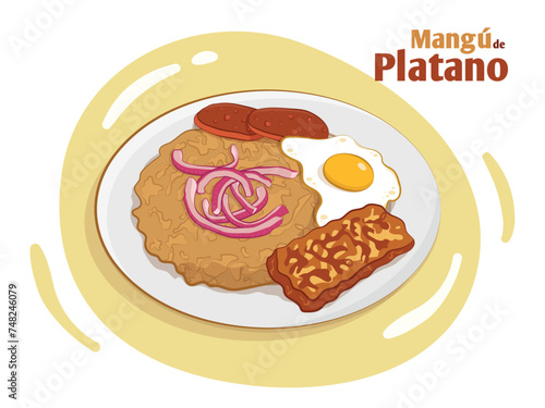 Mangú power rich green plantain puree with egg salami cheese and onion