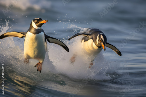 sweet couple of penguins gilding in water and enjoying a season 