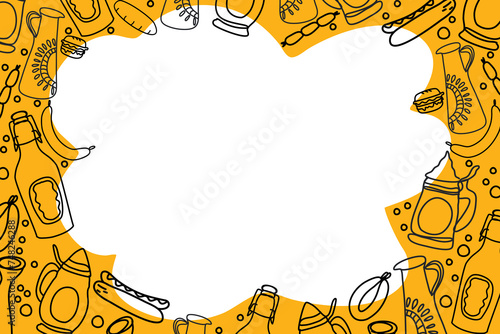 Oktoberfest beer festival background Doodle. German Beer food festival vintage steins mug bottle with beer froth bubble design. Vector illustration black line doodle line art hand drawn.