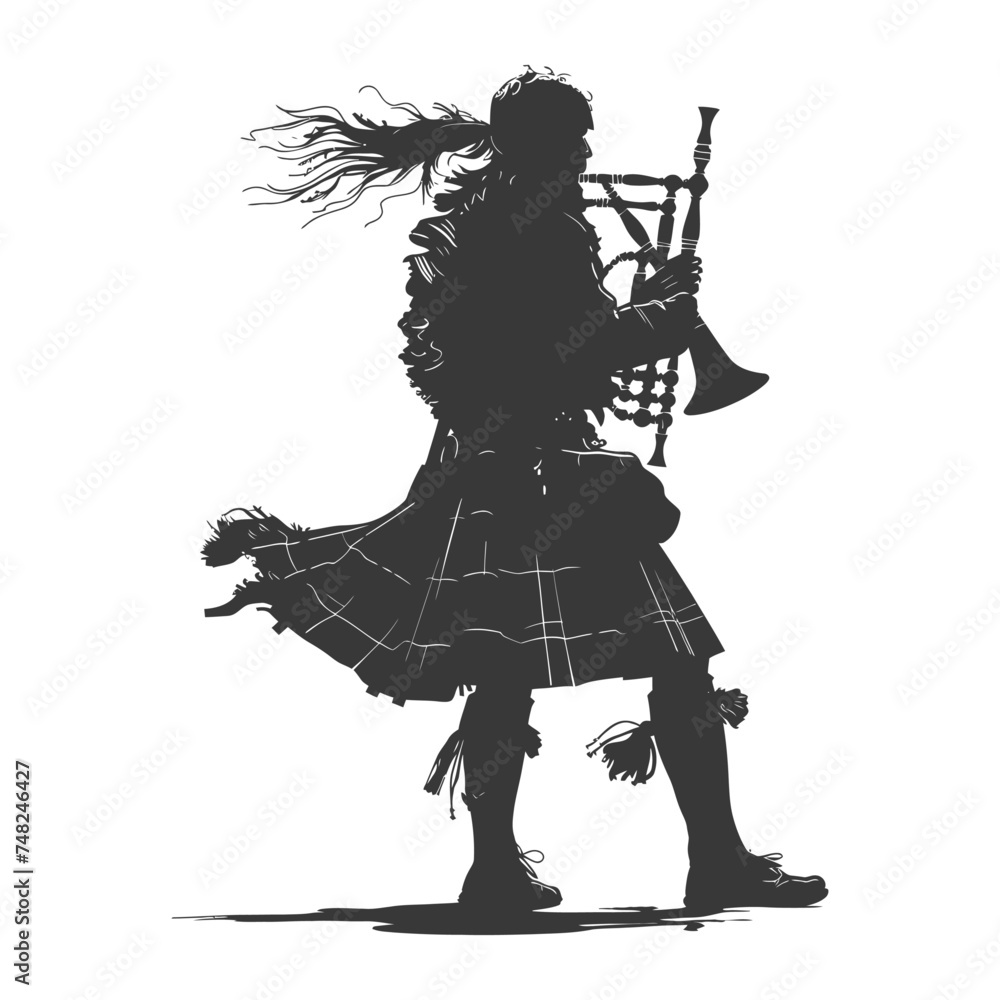 Silhouette Scottish Man Wearing Kilt playing Great Higland Bagpipe black color only