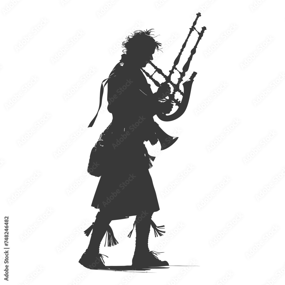 Silhouette Scottish Man Wearing Kilt playing Great Higland Bagpipe black color only