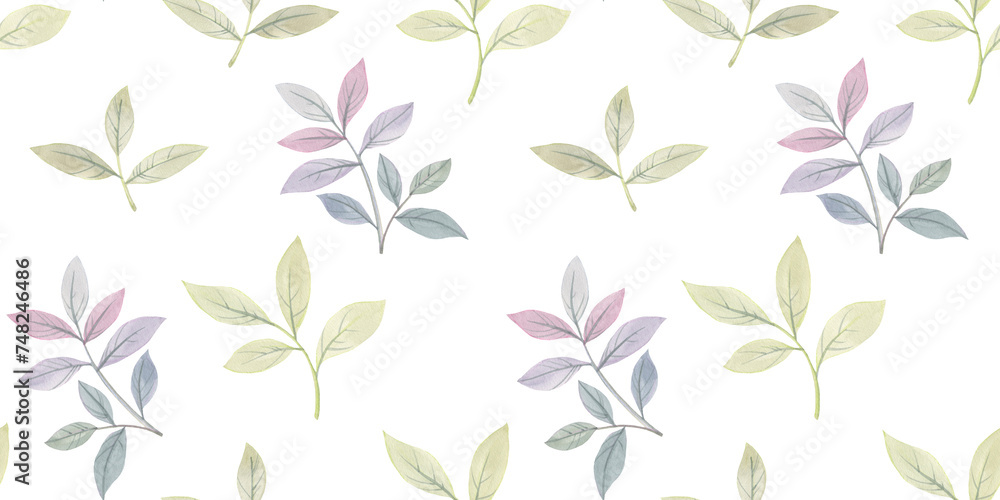 seamless botanical background of leaves, hand-drawn watercolor pattern, abstract illustration for wallpaper and packaging design, leaves on branches collected in an endless ornament