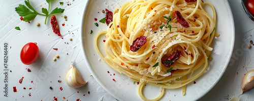 Symmetrical arrangement of linguine pasta, sun-dried tomatoes, and garlic cloves on a clean, white plate. Top view space to copy.