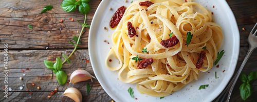 Symmetrical arrangement of linguine pasta, sun-dried tomatoes, and garlic cloves on a clean, white plate. Top view space to copy.