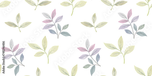 seamless botanical background of leaves, hand-drawn watercolor pattern, abstract illustration for wallpaper and packaging design, leaves on branches collected in an endless ornament