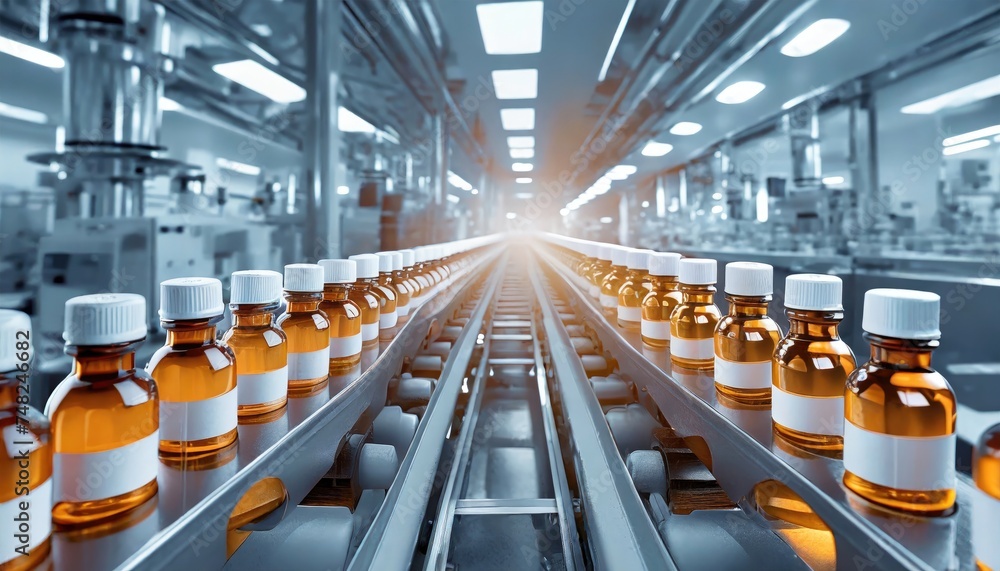 Fototapeta premium row of pills bottle factory conveyor. manufacturing automation production machinery. Generated with AI