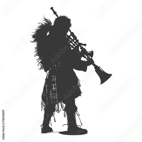 Silhouette Scottish Man Wearing Kilt playing Great Higland Bagpipe black color only