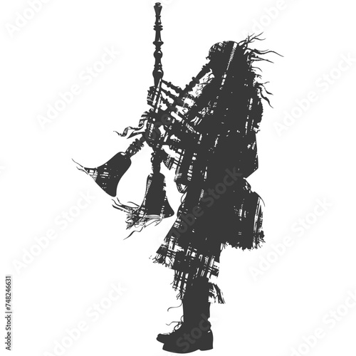 Silhouette Scottish Man Wearing Kilt playing Great Higland Bagpipe black color only photo