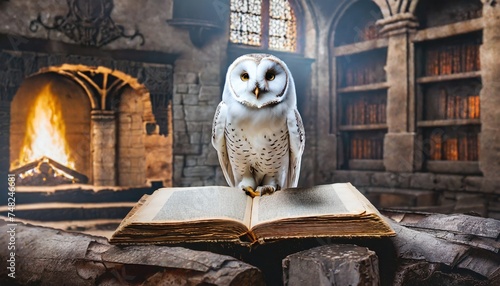 A white owl stands next to an open old book in a mystical, old, and dark castle room. Generated with AI