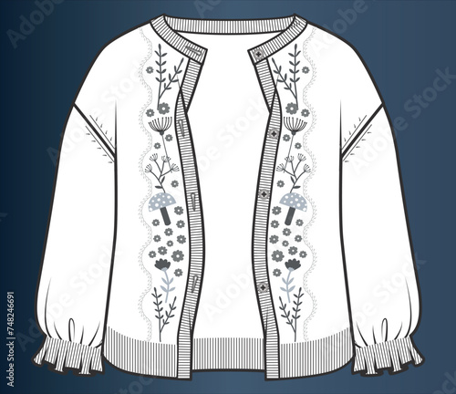 CARDIGAN design technical drawing for girls. Vector flat sketch for designer fashion collection. Cardigan clothing design template.