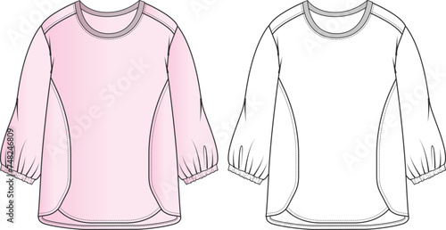 Long sleeve top for girls fashion CAD, crew neck sweatshirt with ruffles and drawstring detail technical drawing, template, model, flat sketch. Fashion design collection. photo