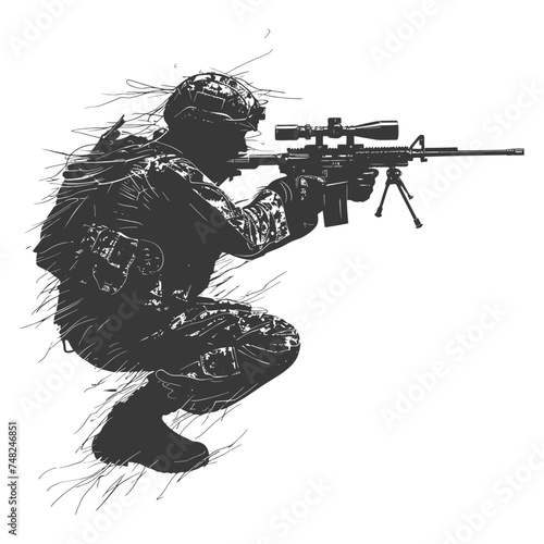 Silhouette sniper in action black color only full body