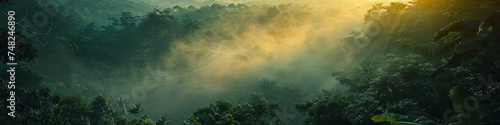 landscape of rainforest with fog from top view