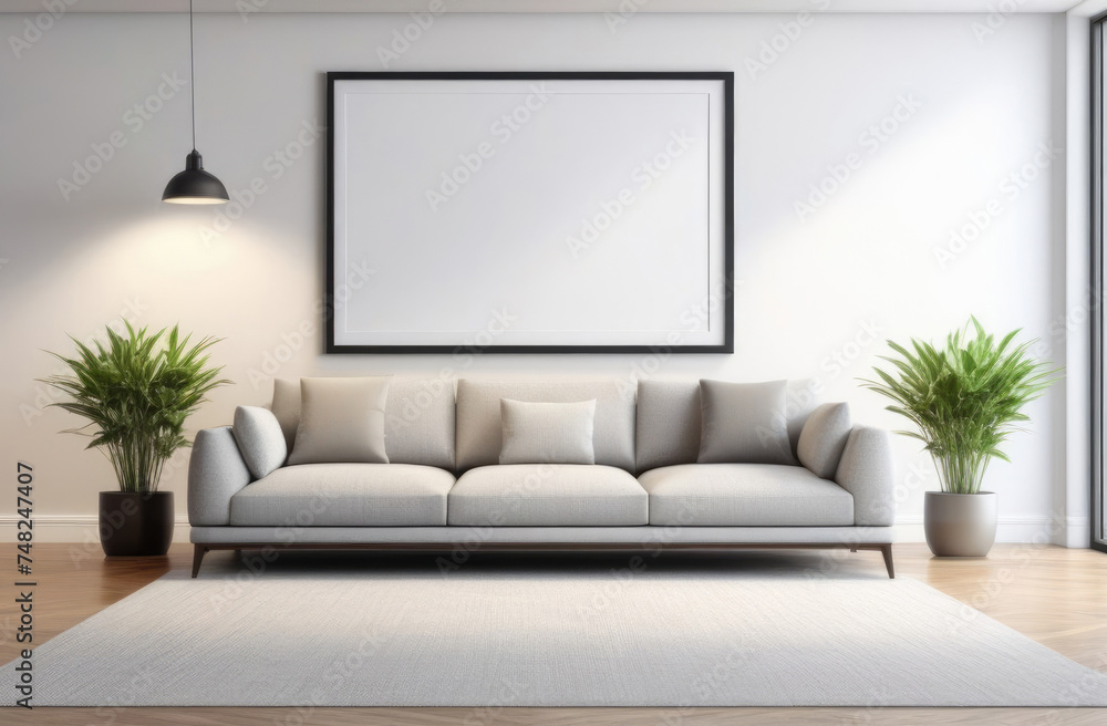 empty mockup picture frame on the wall, interior of a modern living room, lounge area with sofa and coffee table, minimalist interior, indoor plants, gray shades empty mockup picture frame on the wall, interior of a modern living room, lounge area with sofa and coffee table, minimalist interior, indoor plants, gray shades