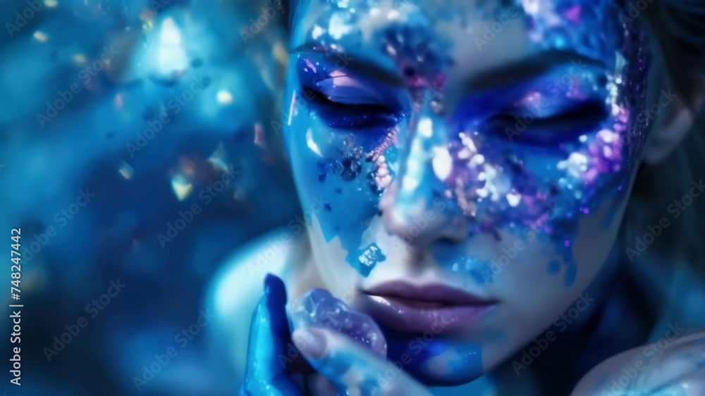 A portrait of a woman with intricate face paint in shades of blue and purple, her eyes shimmering with sparks as she holds a crystal in her hand. A portrait of a woman with intricate face paint in shades of blue and purple, her eyes shimmering with sparks as she holds a crystal in her hand.