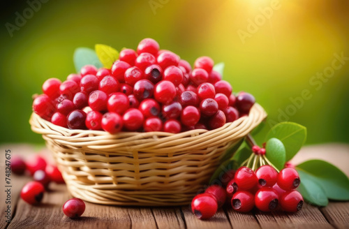 a full wicker basket of cranberries on a wooden table  ripe cranberries  against the background of a branch of a cranberry bush  an orchard  a sunny day